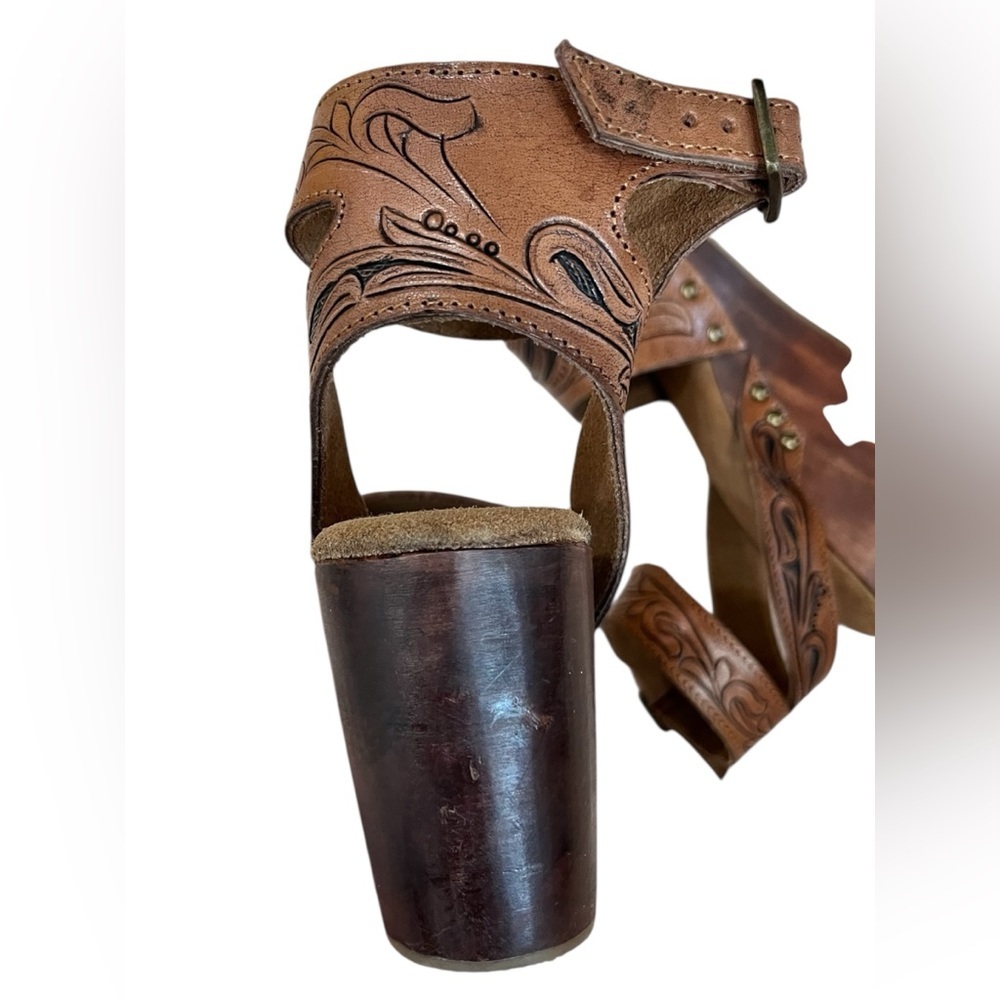 Western hand tooled leather wedge summer sandals SOLD OUT -6 - Picture 6 of 10